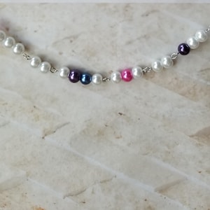BI PRIDE  necklace, Morse code necklace, Morse code necklace, silver tone, glass pearls