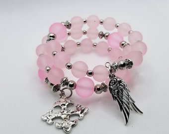 Anglican prayer bead bracelet, memory wire bracelet, beaded bracelet, wrap bracelet, pink frosted sea glass, Protestant prayer beads