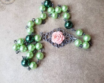 Unitarian Universalist prayer beads, UU prayer beads, Universal Unitarian, green glass pearls, gunmetal and silver, salmon rose, UU, OOAK