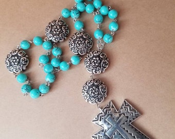 Anglican Prayer beads, Episcopal, Methodist, Protestant, turquoise glass beads, silver floral beads, Southwestern style cross, hand-wired