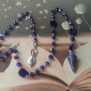 Witches ladder, pagan prayer beads, Wiccan beads, stainless steel, cobalt blue Czech glass, Sodalite pendulum, spiral Goddess charm, Wiccan