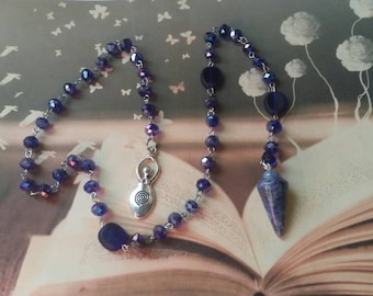 Witches ladder, pagan prayer beads, Wiccan beads, stainless steel, cobalt blue Czech glass, Sodalite pendulum, spiral Goddess charm, Wiccan
