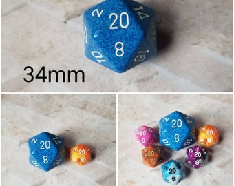 Water 34mm Jumbo d20, light and dark  blue speckled with white numbers, giant dnd dice, 34mm d20 dice, huge dnd dice,  jumbo d20, RPG dice