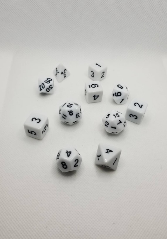 Polyhedral gaming dice, DnD dice set, RPG dice, white opaque D and D dice, D and D dice, gaming dice, set of 11 DnD dice, white basic dice