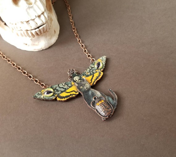 Death's head moth necklace, Steampunk assemblage, wood lasercut Hawk moth, black cat necklace, Scarab beetle necklace, copper, green eyes