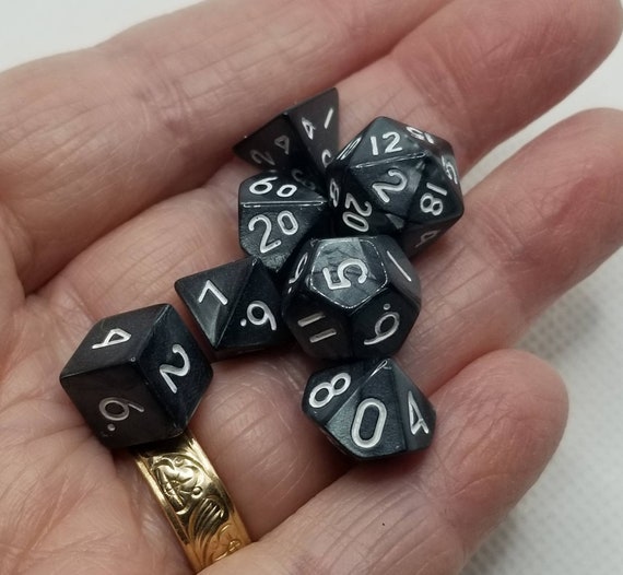 Pearly black and white mini Dnd dice, mini polyhedral gaming dice, DnD dice set, RPG dice, D and D dice, set of 7 DnD dice, 10mm dice