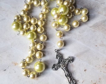 Lutheran prayer beads, Lutheran rosary, stainless steel, hand-wired, pastel and lemon yellow glass pearls, detailed crucifix, gift for Mom