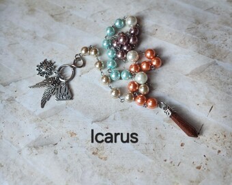 Icarus prayer beads, Greeco-Roman deity prayer beads, hand-wired, stainless steel, silver-toned charms, Greek, Roman