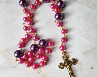 Lutheran Prayer beads, Lutheran prayer beads, gold toned, hot pink and purple glass pearls, budded crucifix, religious, hand-wired