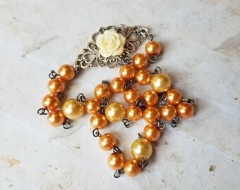 Unitarian Universalist prayer beads, UU prayer beads, Universal Unitarian, golden yellow glass pearls, gunmetal and silver, yellow rose