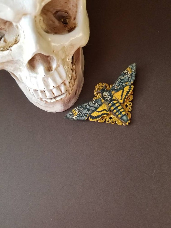 Deaths Head moth brooch, Death's head moth pin, gold accents, wood lasercut moth, Hawk moth, Death head moth jewelry, unique brooch