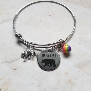 Mama Bear pride bracelet, LGBT pride bangle, expandable bangle, charm bangle, rainbow bangle, silver-toned, stainless steel