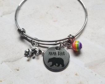Mama Bear pride bracelet, LGBT pride bangle, expandable bangle, charm bangle, rainbow bangle, silver-toned, stainless steel
