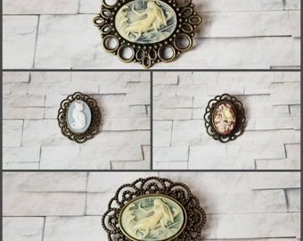 Cameo brooch, cameo pin, mermaid brooch, cat cameo pin, floral cameo pendant, cameo jewelry, bronze toned cameo brooches, bronze cameo