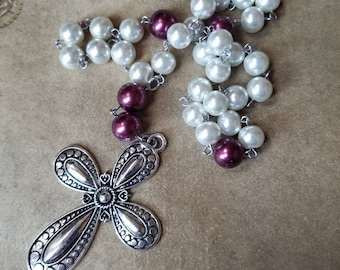 Prayer beads, Episcopal, Protestant prayer beads, Methodist, Anglican, white and wine glass pearls, stainless steel, large ornate cross