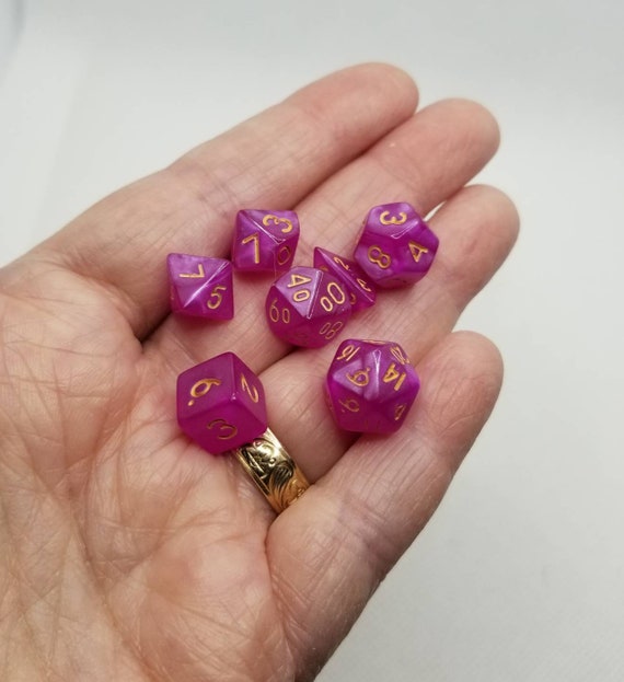 Pearly light magenta and gold mini Dnd dice, mini polyhedral gaming dice, DnD dice set, RPG dice, D and D dice, set of 7 DnD dice, 10mm dice