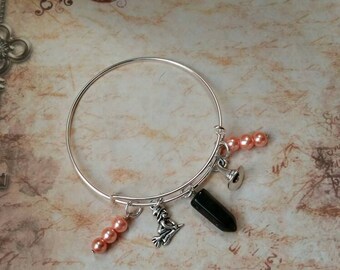 Samhain bangle, expandable bangle, Samhain jewelry, matches prayer beads, Samhain bracelet, Black Onyx, orange pearls