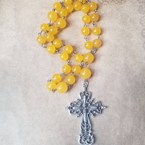Anglican Prayer beads, Episcopal, Methodist, Protestant, gunmetal, golden Malay Jade beads, Art Deco silver cross, hand-wired, OOAK