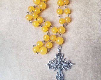 Anglican Prayer beads, Episcopal, Methodist, Protestant, gunmetal, golden Malay Jade beads, Art Deco silver cross, hand-wired, OOAK