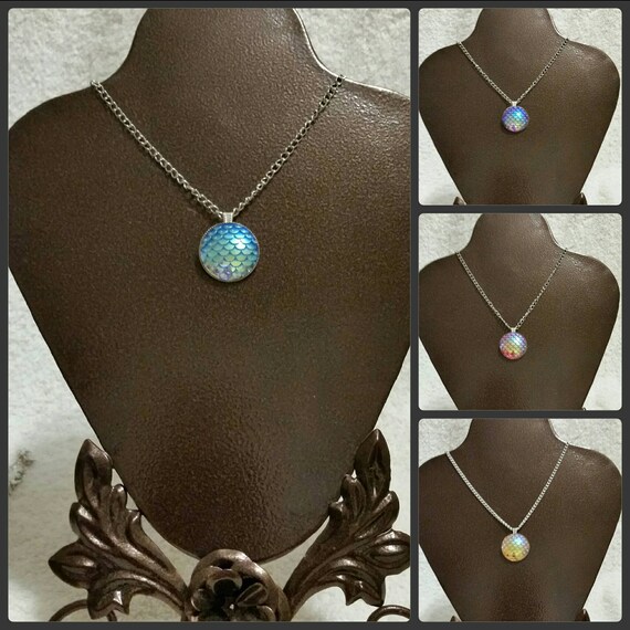 Mermaid scale necklace, dragon scale pendant, mermaid or dragon scale necklace in silver tone with iridescent textured scale cabochons