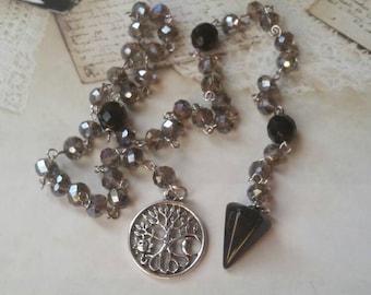 Witches ladder, pagan prayer beads, Wiccan beads, stainless steel, gray faceted Czech glass, blue Goldstone pendulum, tree of life charm