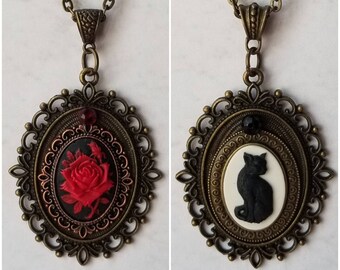 Black cat pendant, cat pendant, red rose cameo, Goth jewelry, black cat jewelry, Witches familiar, Belle's rose, bronze bezels, Czech glass