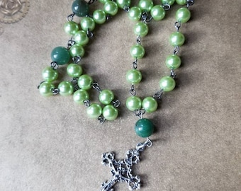 Orthodox Christian Chotki, prayer beads, gunmetal tone,  green glass pearls, Tree Agate beads, filigree design crucifix, Komboskini, ooak