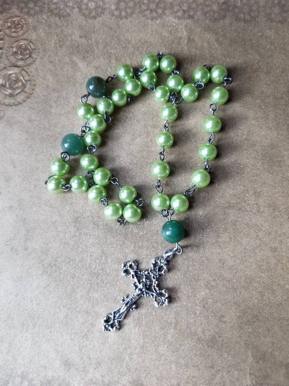 Orthodox Christian Chotki, prayer beads, gunmetal tone, green glass pearls, Tree Agate beads, filigree design crucifix, Komboskini, ooak