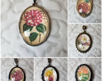 Flower pendant, photo behind glass, floral pendants, glass cabochons, assorted photo jewelry, vintage look photo jewelry, old photos, brooch