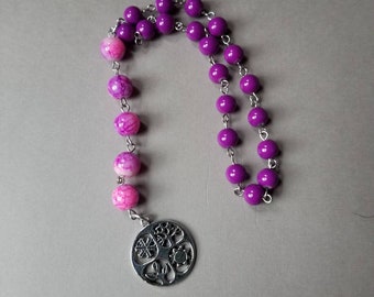 Baha'i prayer beads, 19 and 5 prayer beads, loop style prayer beads, stainless, purple and pink glass beads, silver four seasons charm