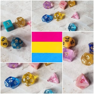 Drapeau pansexuel 16mm dnd dés, choisi à la main, ensemble de dés de jeu polyédriques, jeu de dés DnD, dés RPG, dés LGBTQ