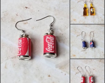 Whimsical earrings, kitschy earrings, ale earrings, beer earrings, soda earrings, stainless steel wires, beverage earrings, soft drinks