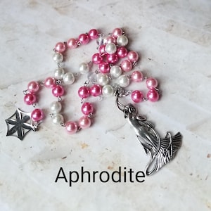 Aphrodite prayer beads, Goddess prayer beads, hand-wired, beautiful beads, silver-toned charms, Goddess, Greek, Hellenic, pagan,