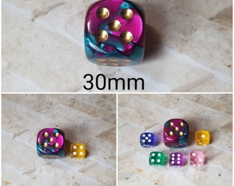 30mm Chessex Gemin Purple and Teal with gold pips, Chessex 30mm die, Gemini purple and teal, mega titan d6, dnd dice, extra d6 dice,