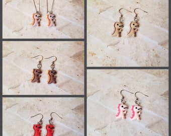Whimsical earrings, kitschy earrings, dinosaur earrings, dino earrings, cute dinosaur earrings, stainless steel wires, kawaii dinosaurs