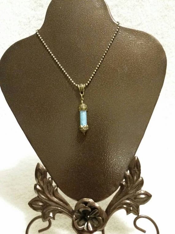 Bronze vial necklace, blue shell pendant, bronze vial with blue Mother of pearl chips, bail, chain, captured sky, fairy tears
