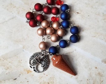 Yule prayer beads, pagan prayer beads, witch prayer beads, stainless pins, Sabbat prayer beads, Goldstone pendulum point, tree of life