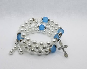 Five decade rosary bracelet, memory wire bracelet, wrap bracelet, white glass pearls, blue frosted  glass beads, religious bracelet