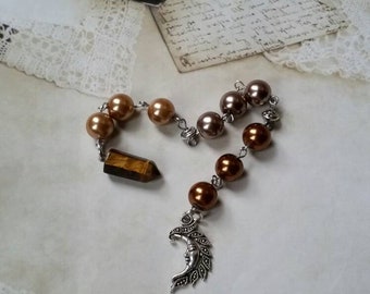 Lammas prayer beads, pagan prayer beads, Lughnasadh prayer beads, stainless steel, glass pearls, crescent moon charm, Tiger's Eye pendulum