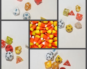 Candy Corn inspired 16mm dice sets, dnd dice sets, themed hand picked dnd dice, curated set, polyhedral dice, RPG dice,