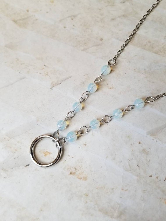 O ring day collar, Opalite beads, discreet day collar, symbolic jewelry, BDSM collar, submissive collar, stainless, cast o ring