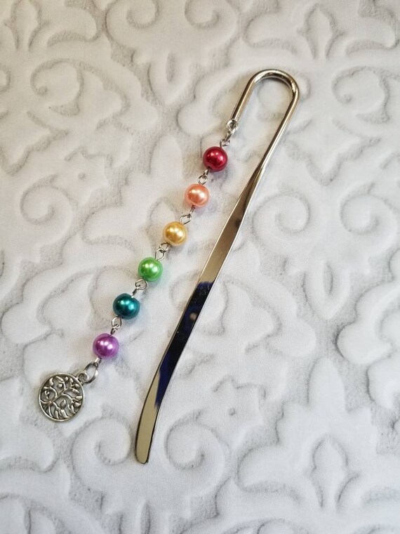 Rainbow bookmark, LGBT pride bookmark, awareness bookmark, rainbow glass pearls, tree of life charm, Shepherd's hook, tree of life bookmark