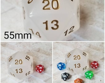 Super Mega Jumbo 55mm d20, white translucent 55mm d20, oversized d20, extra large sized d20, dnd dice, rpg dice, massive countdown dice