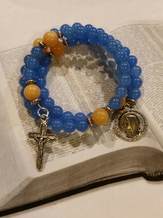 Rosary bracelet, gorgeous, five decade rosary, silver toned, memory wire, gemstone beads, Catholic medal, crucifix, religious, wrap bracelet
