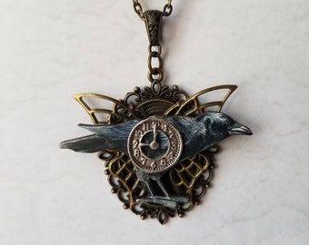 Steampunk pendant, Steampunk necklace, bronze steampunk jewelry, raven pendant, Goth jewelry, bronze butterfly, nevermore necklace, raven