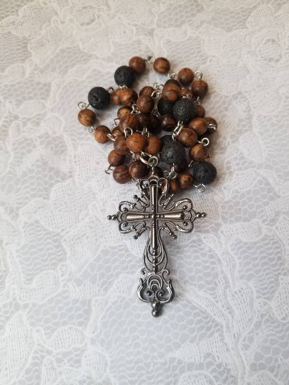 Sandalwood prayer beads, Lutheran rosary, Sandalwood beads, hand-wired, stainless, black Lava stone, gunmetal art deco cross, religious bead