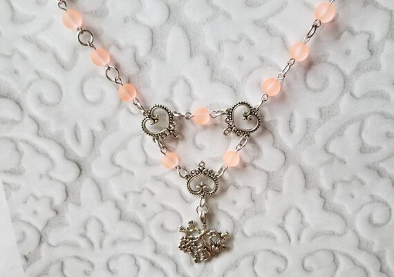 Cimaruta necklace, Cimaruta jewelry, Italian witches amulet, stainless steel pins, pastel peach sea glass, silver toned heart connectors