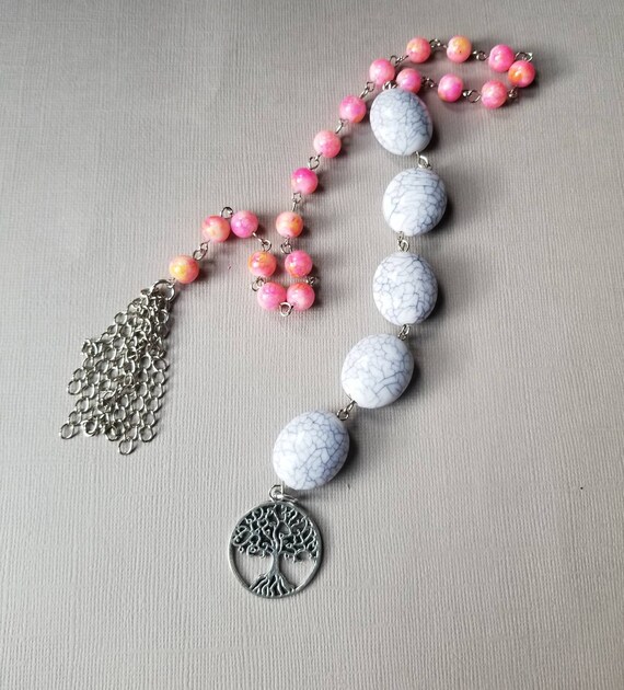 Prayer beads, Baha'i silver toned 19 and 5 style prayer beads with pink and ivory glass beads, tree of life charm, and handmade tassel