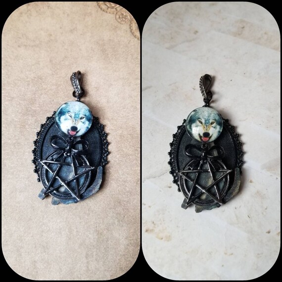Black cat pendant, wolf head pendant, black pentagram necklace, Goth necklace, Emo jewelry, wolf cat necklace, Wiccan jewelry, spooky gift