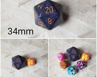 Golden Cobalt 34mm Jumbo d20, black and blue speckled with gold numbers, giant dnd dice, 34mm d20 dice, huge dnd dice,  jumbo d20, RPG dice